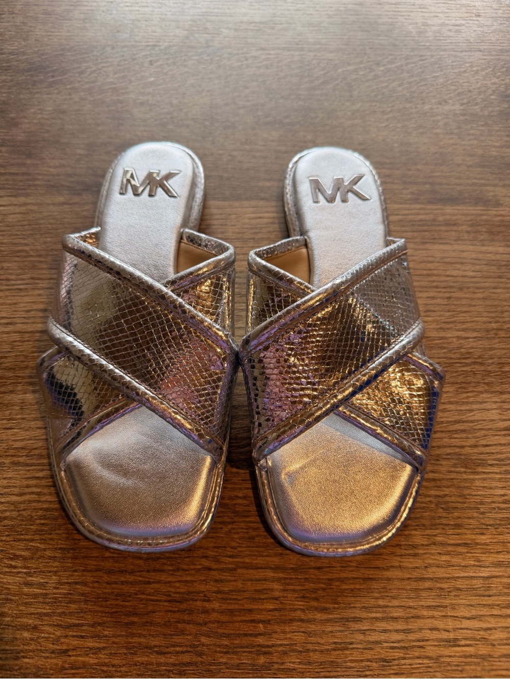 Michael Kors Iridescent Metallic Crisscross Slide Sandals - Silver